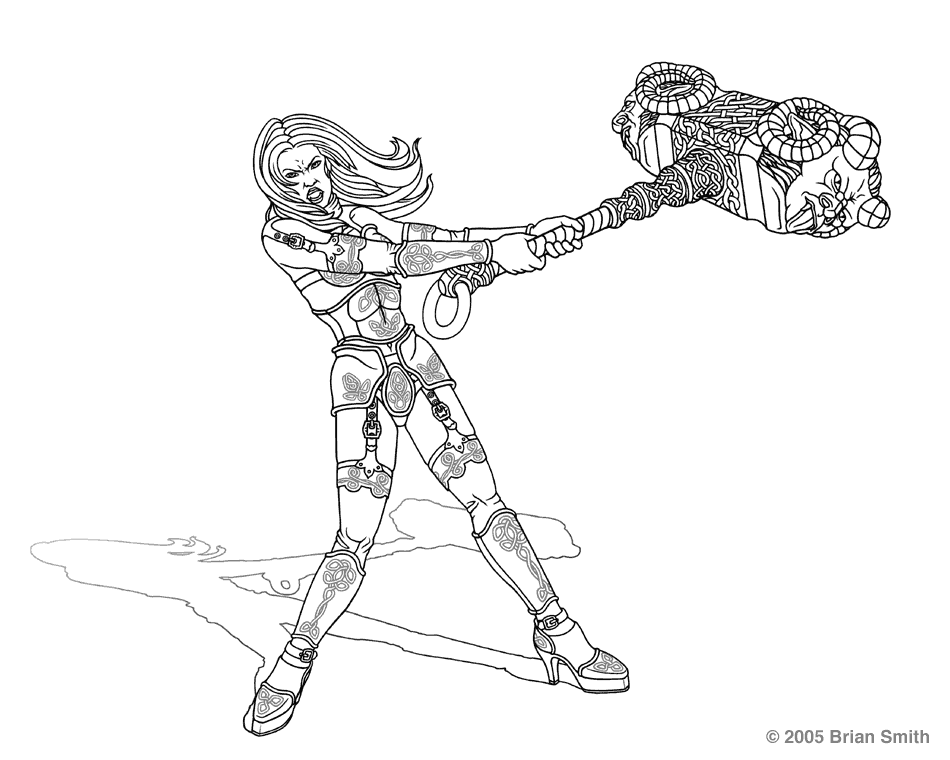 Warrior swinging a warhammer with Celtic Knot designs