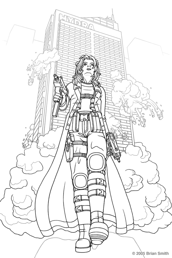 Heavily armed woman walking away from exploding building